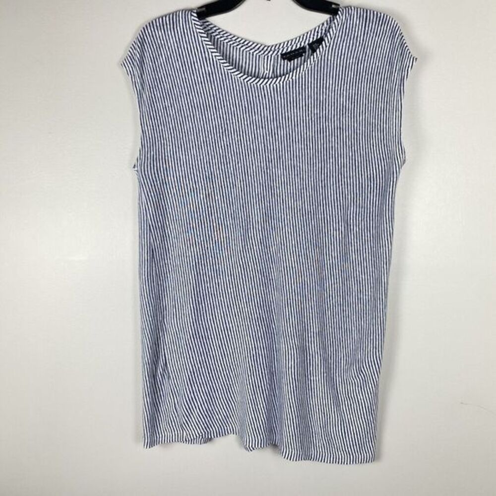 Tahari Blue Stripeโ Linen Tank Top Medium Asymmetric Nautical Beachy